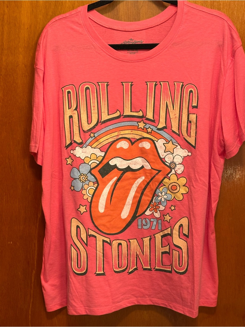 the Rolling Stones Pink Graphic Tee with Retro Tongue Logo